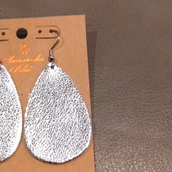 Silver Teardrop Dangle Earrings- Leather - Amanda Blue - Picture 3 of 8